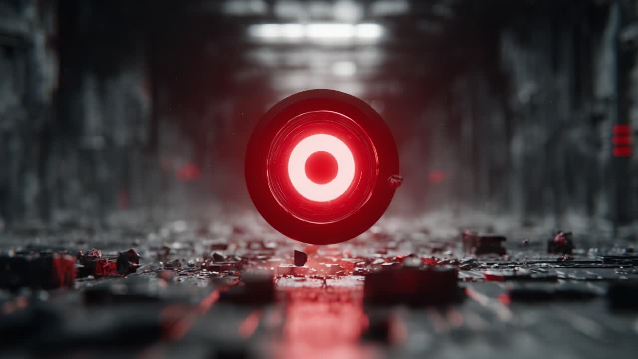 A mysterious glowing orb hovers over a debris-strewn floor in a dimly lit corridor, casting an eerie red light that enhances the dramatic atmosphere of the scene