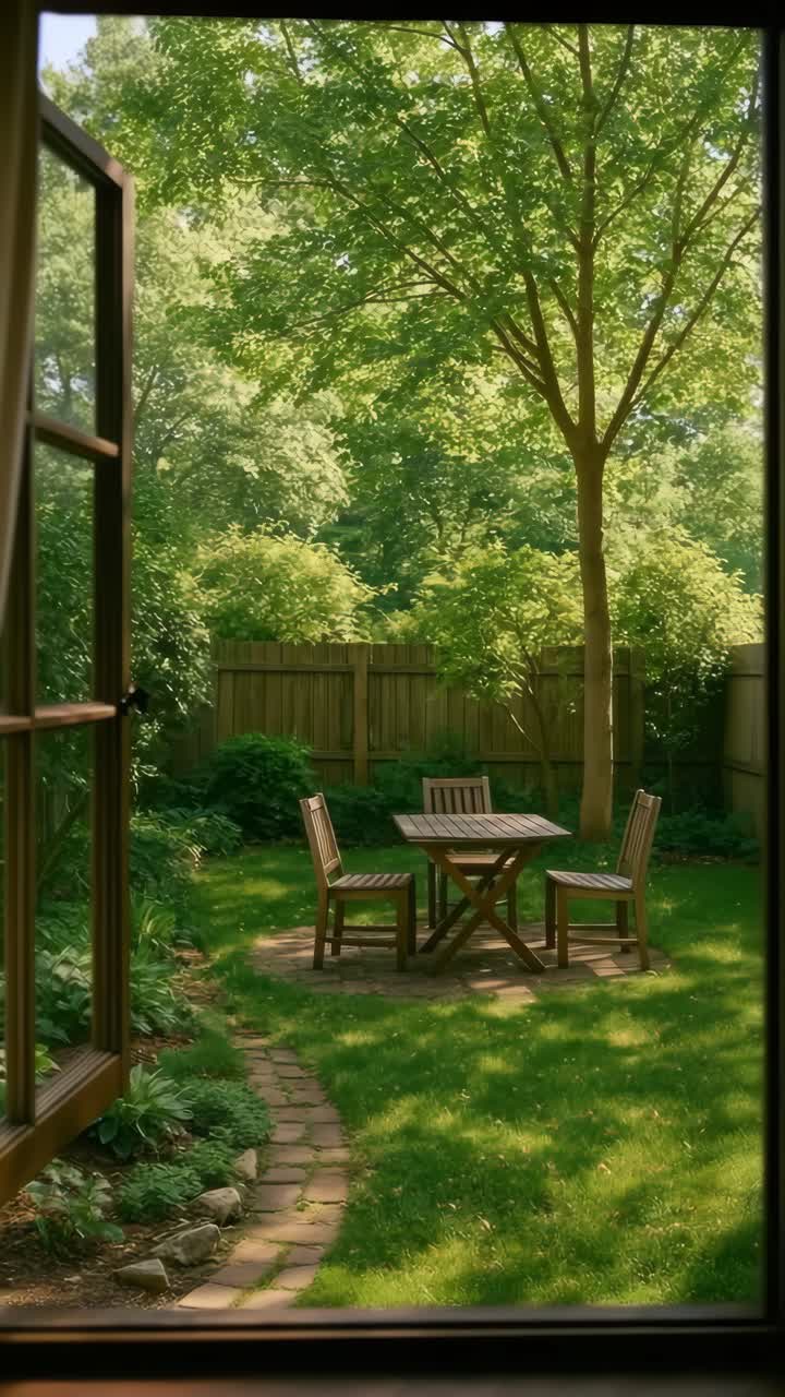 A serene garden view from a window, captured at eye level