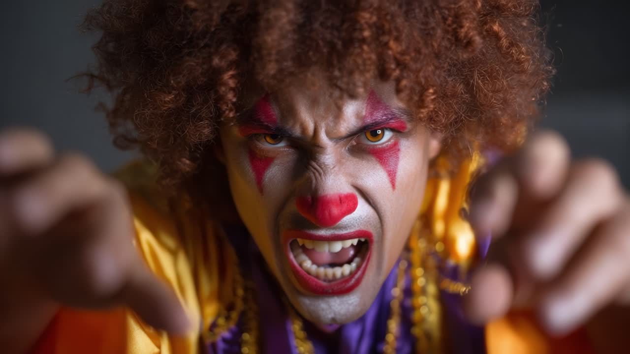 A menacing clown with wild orange hair and fierce expression showcases dramatic facial makeup, captivating the viewer with an intense gaze and outstretched hands