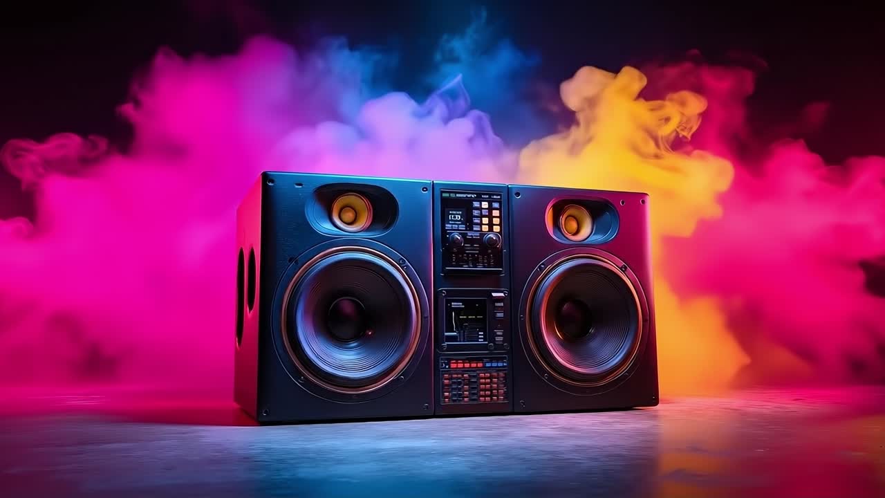 un par de altavoces sentados en la parte superior de una mesa