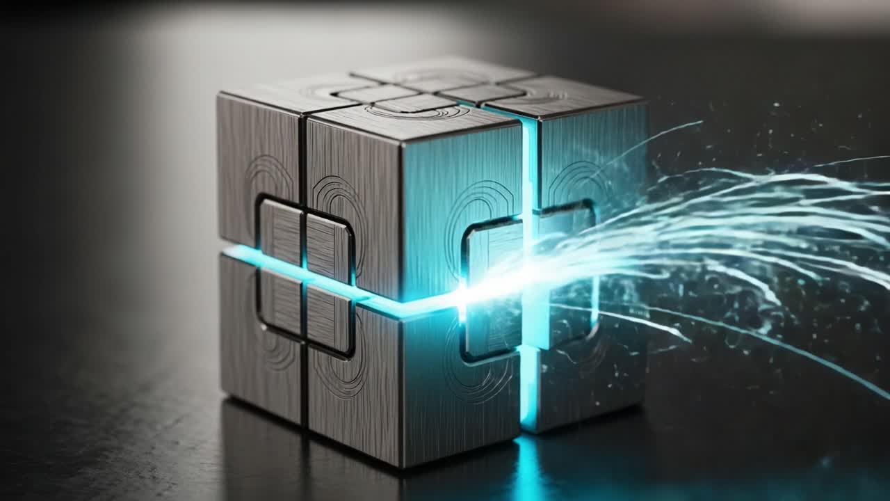 A Futuristic Metallic Puzzle Cube Igniting with Sparkling Energy, Merging Technology and Design in a Stunning Visual Display of Colors and Light Effects