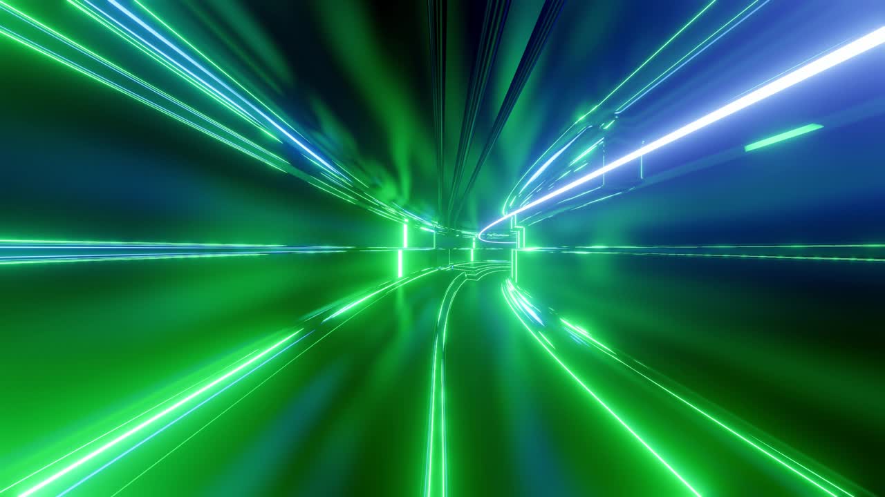 un túnel de alta tecnología abstracto en bucle de 4k con luces de neón, la cámara vuela a través del túnel, las luces de neon azul-verde parpadean. fondo de ciencia ficción al estilo de cyberpunk o futuro de alta tecnología. fondo 4