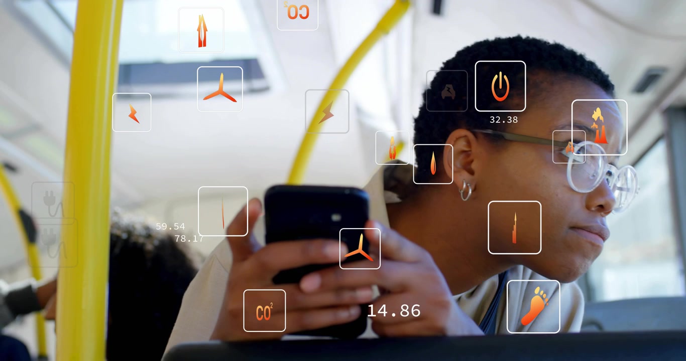 Woman tapping phone on bus, checking transit tech data, orange AR icons overlaying, glancing back