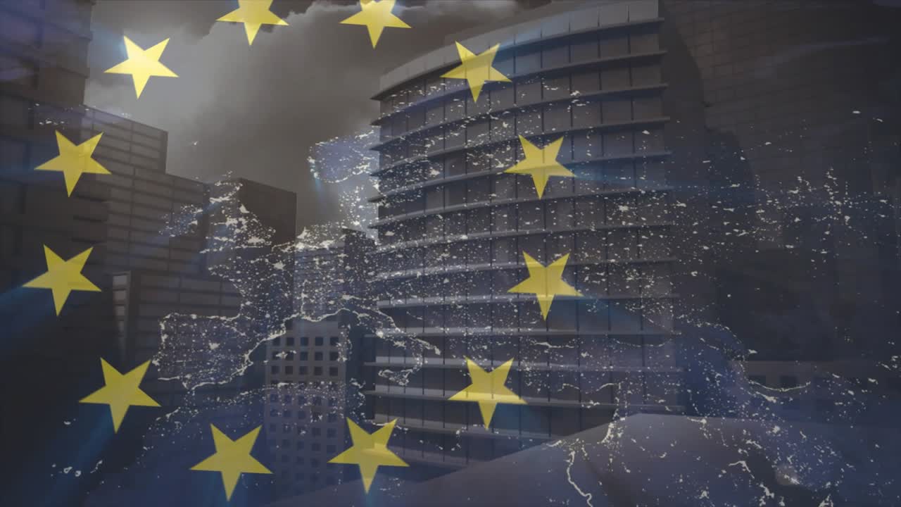 Stelle dorate che compaiono su una mappa dell'Europa, trasformandosi nel cerchio dell'UE e intensificando il bagliore delle luci dello skyline.