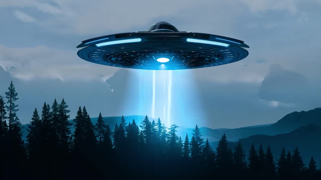 UFO hovering over a forest at night