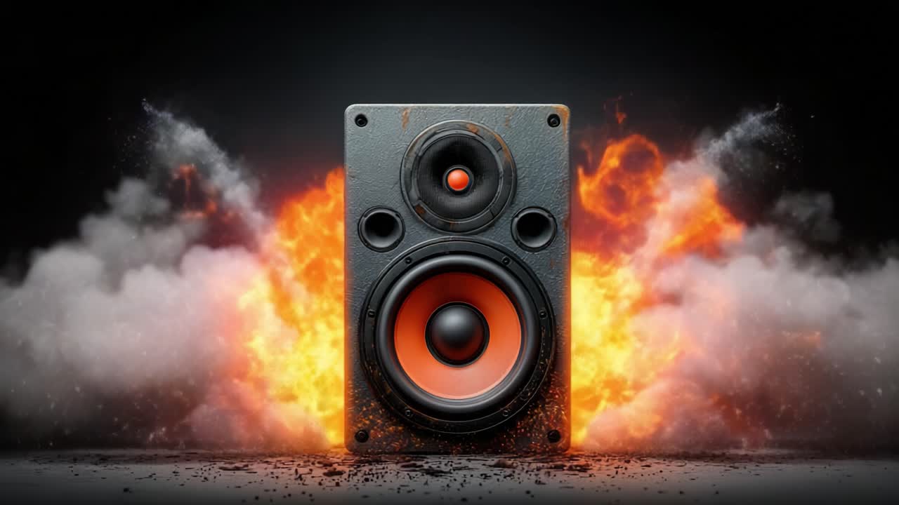 A Dynamic Sound Experience: The Powerful Speaker Surrounded by Explosive Flames and Smoke, Capturing the Energy and Impact of Music in Action