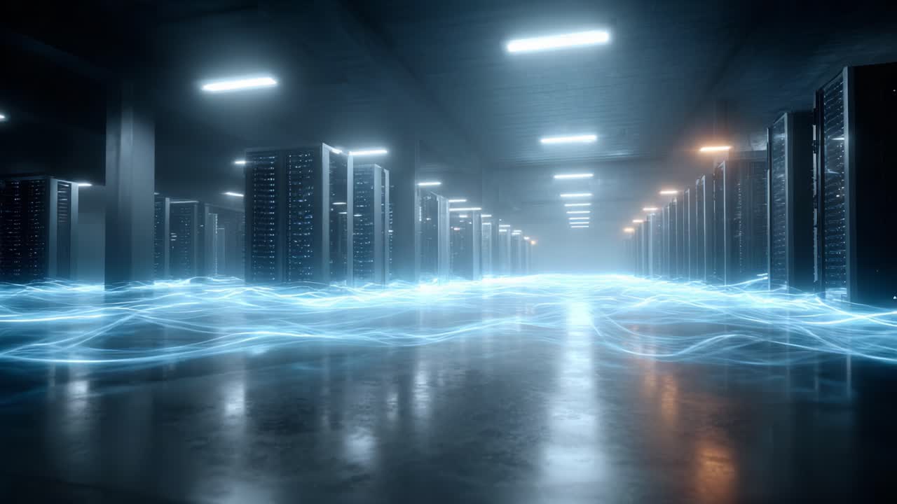 A Futuristic Data Center Illuminated by Ethereal Light: A Glimpse into the Heart of Digital Infrastructure with Rows of Servers Bathed in Technological Brilliance