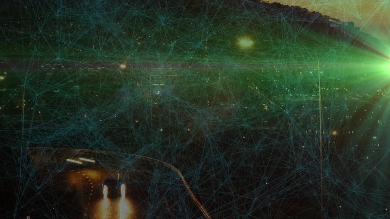 Animation eines Verbindungsnetzwerks mit Social-Media-Symbolen über einer Stadtlandschaft