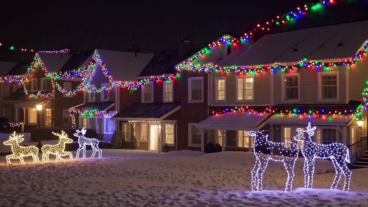 Festive suburban houses adorned with colorful Christmas lights and glowing reindeer