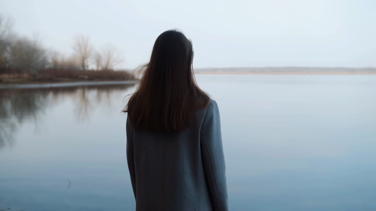 Woman Standing At Tranquil Lake Shore, Contemplative Traveler Gazing Over Glassy Water During Cold Blue Hour,