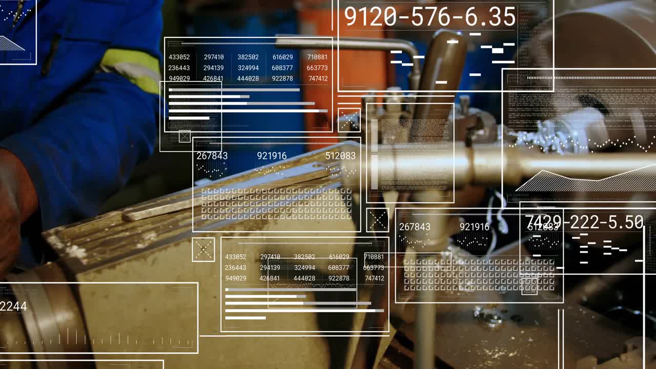 Machinist placing blank into chuck and measuring with gauge as panels updating machining metrics