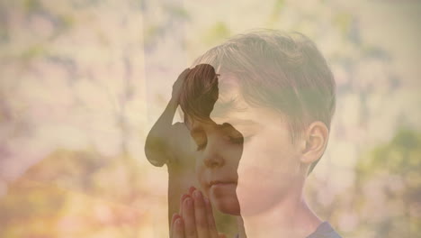 child praying with serene expression, animation of peaceful nature in background