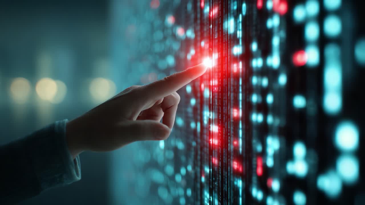 Engaging with Digital Data: A Hand Interacting with a High-Tech Display of Vibrant Lights and Information streams in a Futuristic Environment