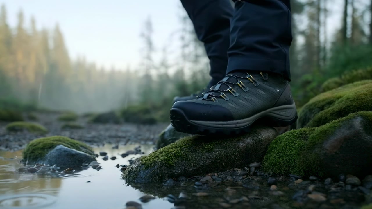 Seseorang mengenakan sepatu bot melangkah hati-hati melintasi bebatuan berlumut di samping aliran sungai hutan yang dangkal, dengan cahaya alami yang lembut, dedaunan hijau, dan suasana luar ruangan yang tenang.