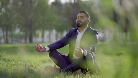 handsome bearded businessman meditating on green grass