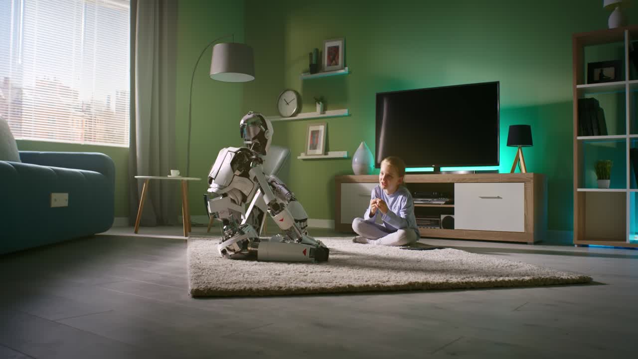 niña y robot interactúan en una sala de estar moderna