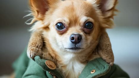 a small chihuahua wearing a green jacket sitting on the floor