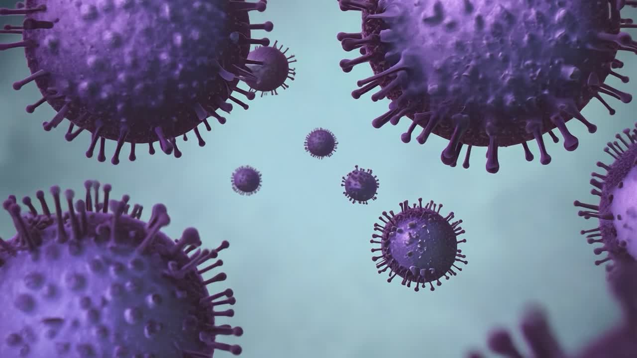 los virus púrpuras se multiplican en el líquido azul, mostrando las partículas virales en detalle de cerca. ideal para contenido científico, educativo o médico