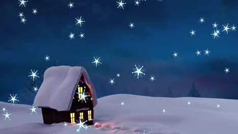 Digital-animation-of-multiple-glowing-stars-falling-against-house-covered-in-snow