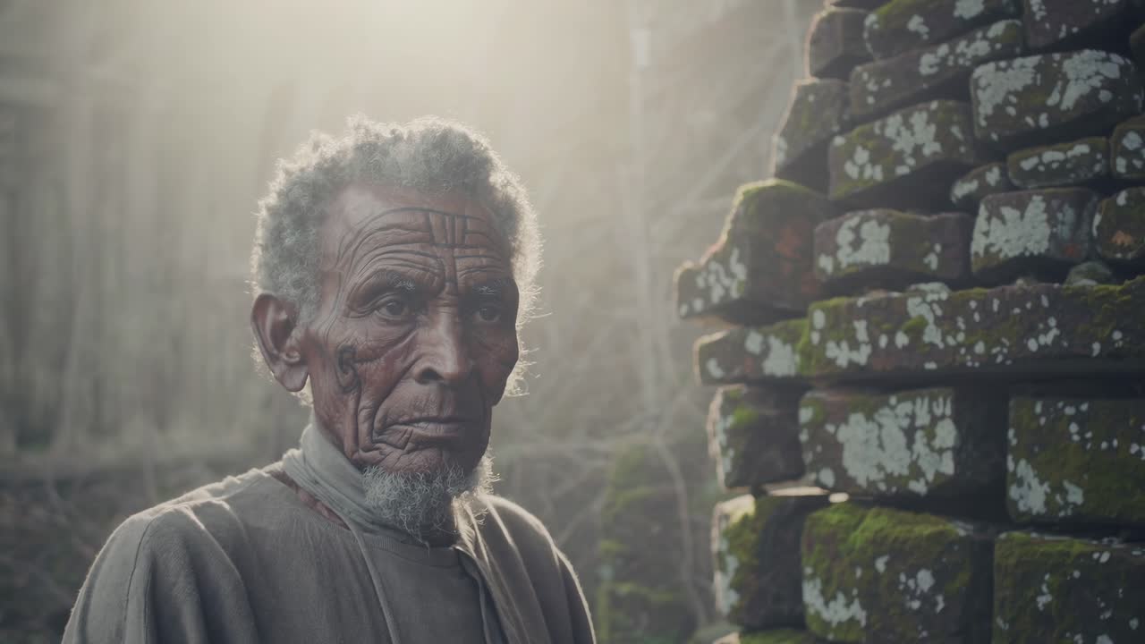 Elderly man with intricate facial tattoos stands beside moss-covered stones, reflecting on life in a serene, atmospheric setting, showcasing deep cultural heritage