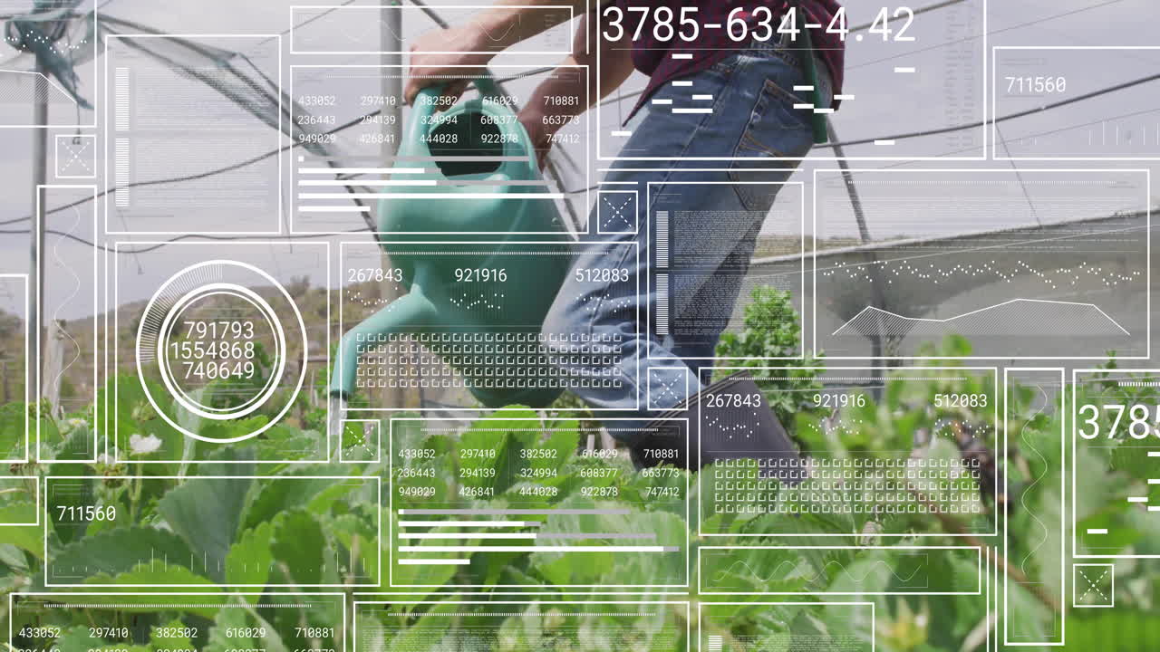 Male farmer using green watering can in greenhouse, overlaying UI graphics showing crop growth data