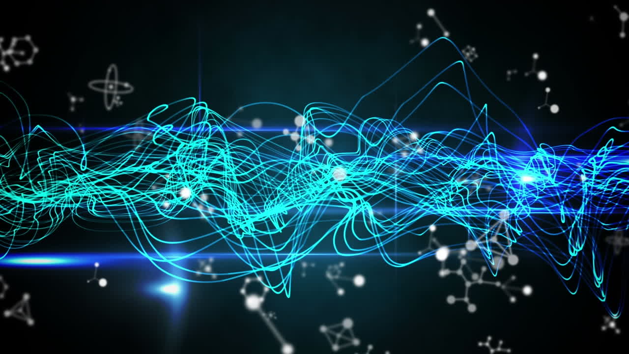 검은 바탕에 있는 분자 위에 있는 빛의 흔적과 반점의 애니메이션