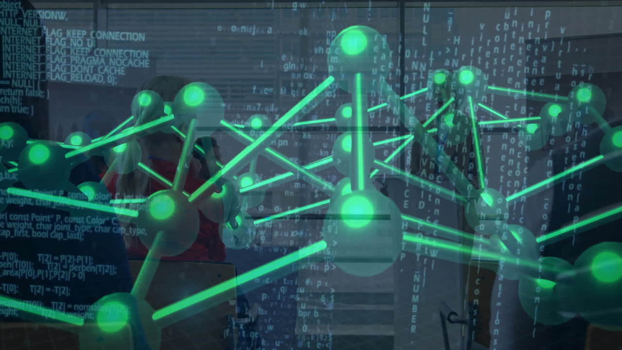 Research team collaborating in tech lab, projecting glowing molecular network with code streams