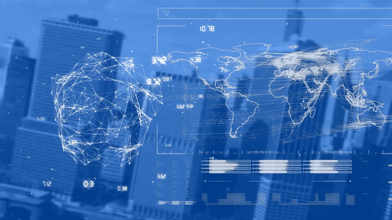 블루 스크린에 도시 풍경에 대한 연결 네트워크와 세계 지도의 전지구 애니메이션