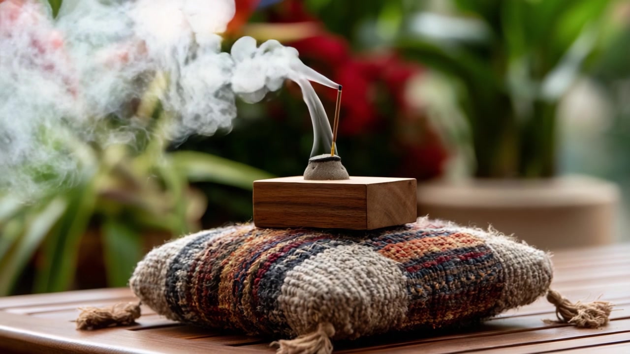 Un momento di tranquillità: il fumo emana da un bruciatore d'incenso, elegantemente posato su un cuscino decorativo circondato da una vegetazione lussureggiante in un ambiente sereno.