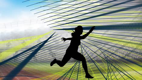 Animation-of-silhouette-of-female-runner-on-sports-stadium-background