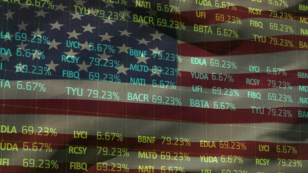Starting waving US flag with ticker symbol grid percentages climbing then falling showing trends