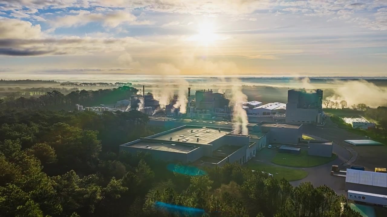 Industrial complex sends steam plumes above a foggy forest landscape at sunrise, filmed by a moving drone.