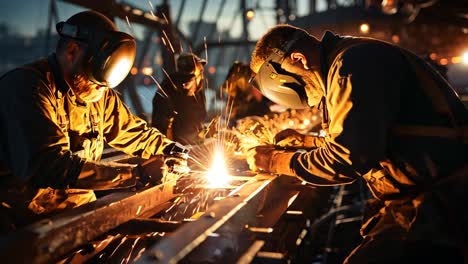 welders working in a dimly lit workshop during evening hours