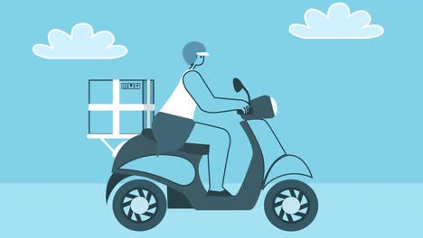 cartoon flat delivery woman rides a motor scooter with cardboard box. flat design cartoon character isolated loop 2d animation with alpha channel