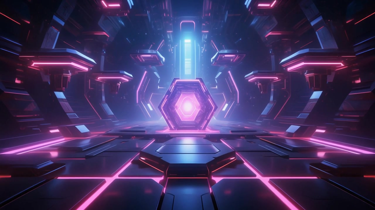 Corridoio fantascientifico futuristico con portale esagonale luminoso