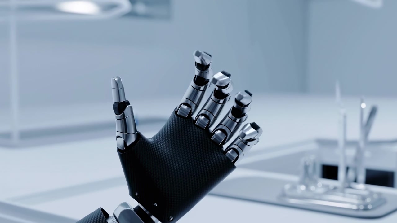 Robotic prosthetic hand held upright above clinical sink, with subtle finger lift and slight curl visible, segmented chrome-like phalanges, hinge gaps, reflective surface, and sterile modern setting