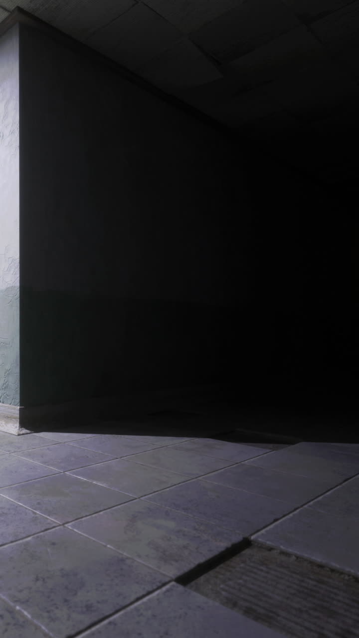 Shadows in a dimly lit hallway with tiles on the floor during nighttime