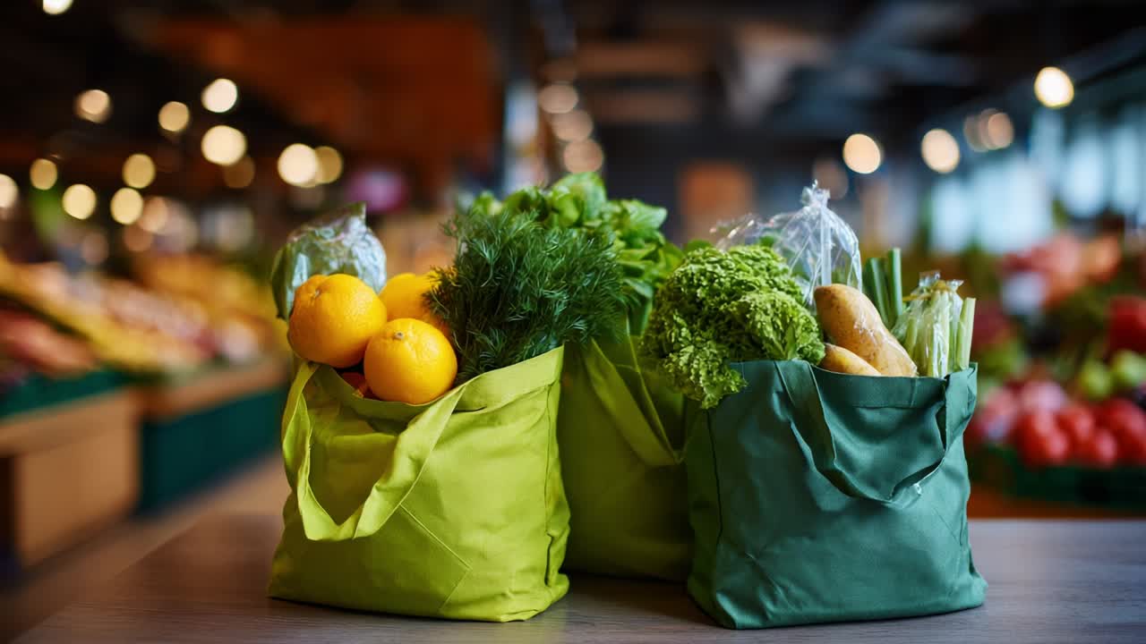 Brightly Colored Bags Filled with Fresh Organic Produce Displayed in a Lively Marketplace, Showcasing a Variety of Vegetables and Fruits, Perfect for Health-Conscious Shoppers Seeking Fresh Ingredients