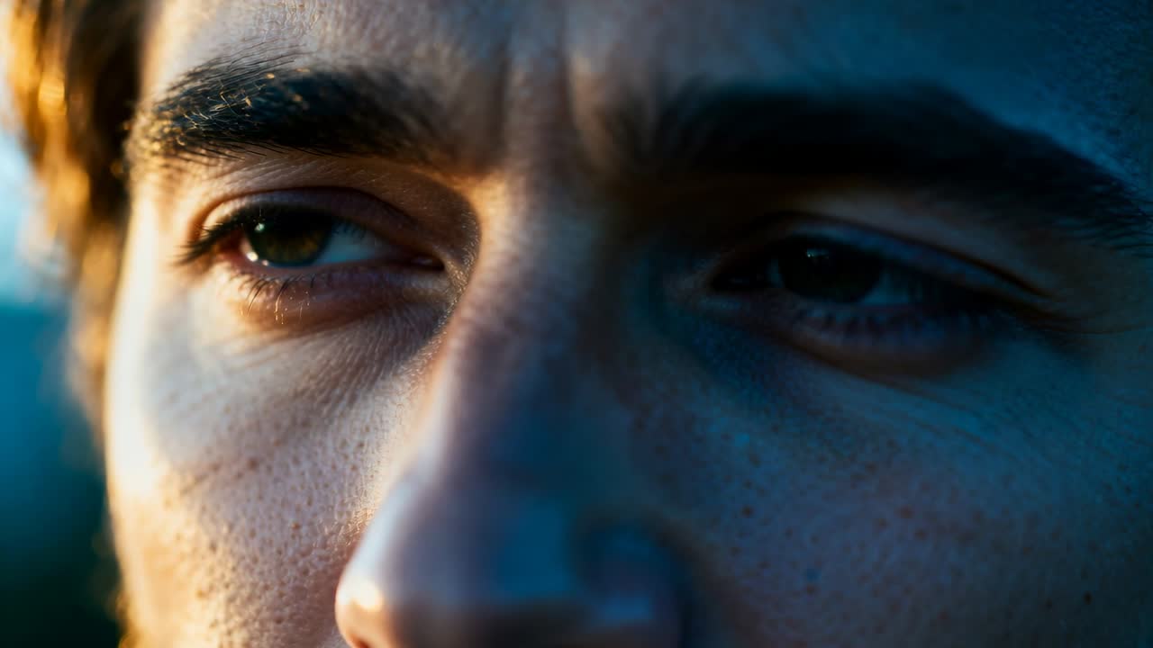 Squinting man reacting to warm left sunlight, shifting gaze at golden hour, eyes and brow furrowing