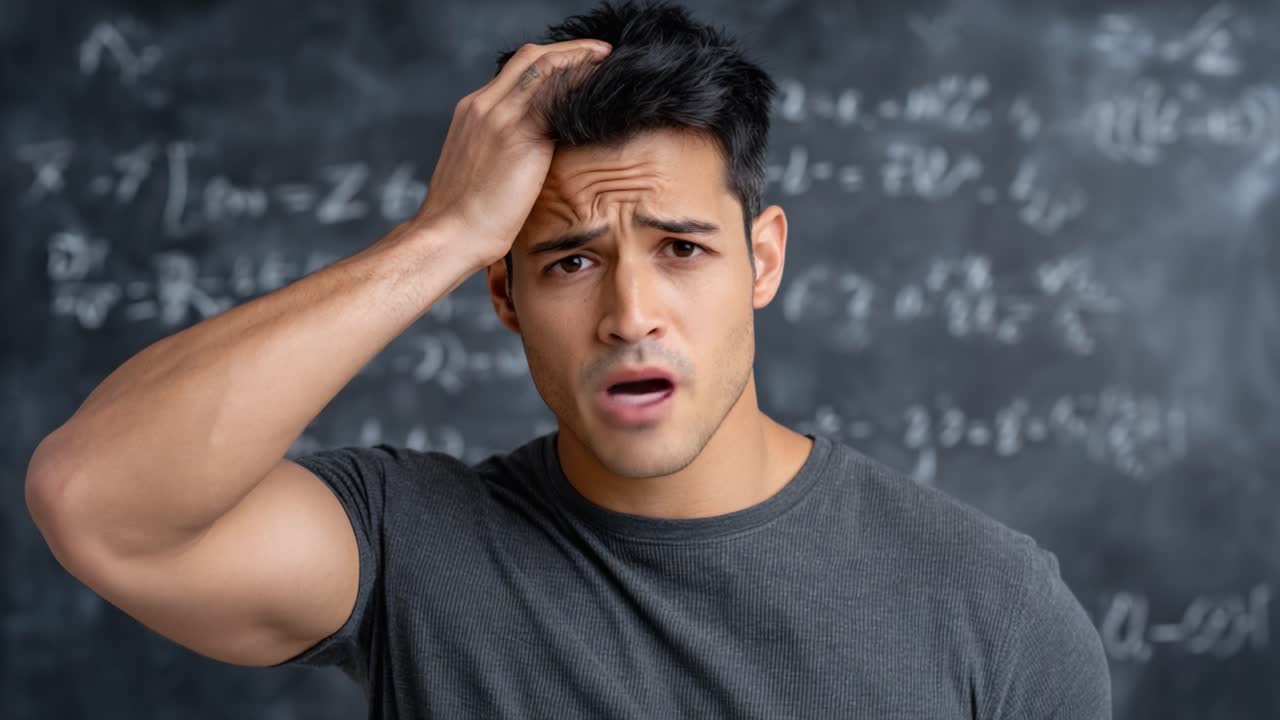 A Young Man Expressing Confusion and Frustration in a Classroom Setting, Surrounded by Mathematical Equations on a Chalkboard