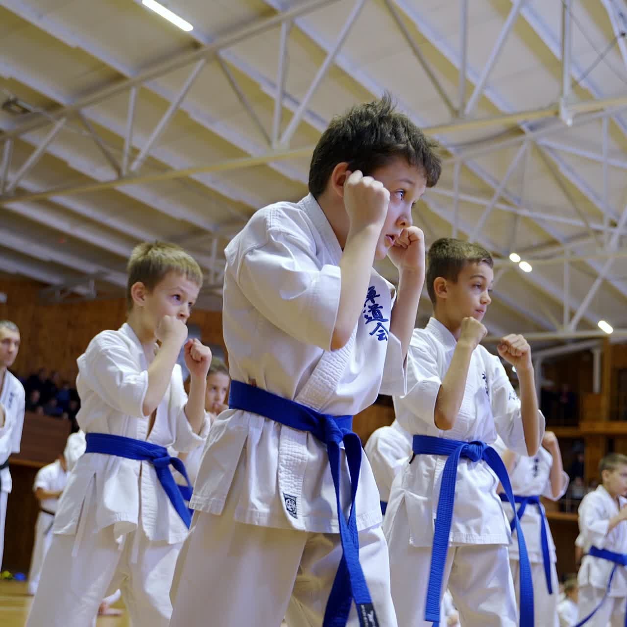 Group of teenage boys practicing karate exercise. Other students rest sitting on the floor at backdrop. Blurred backdrop. Low angle view