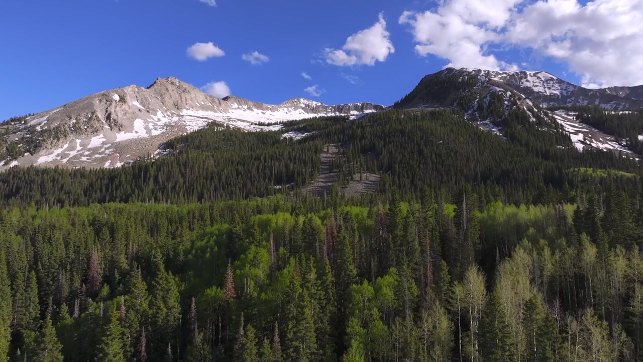 Volando sopra la foresta con vista su una cima montuosa innevata del Colorado