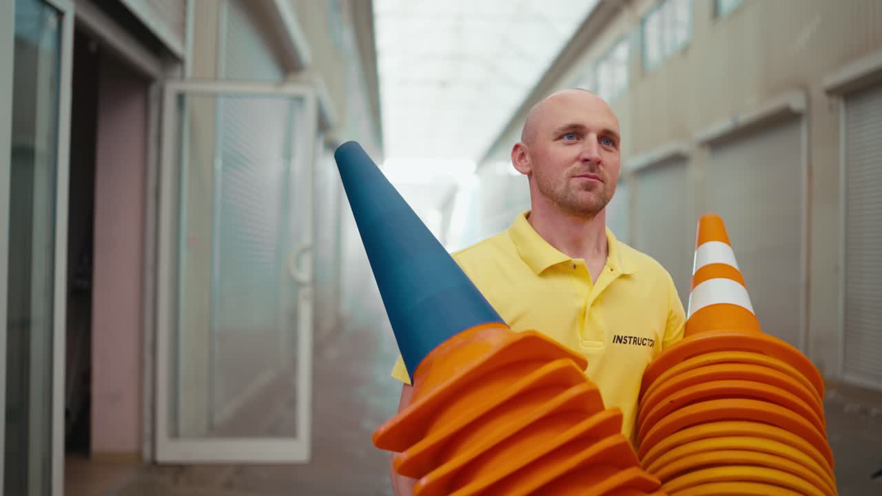 лысый мужчина с голубыми глазами в желтой футболке берет оранжевые конусы из своего гаража на тренировочную площадку в мотоциклетной школе