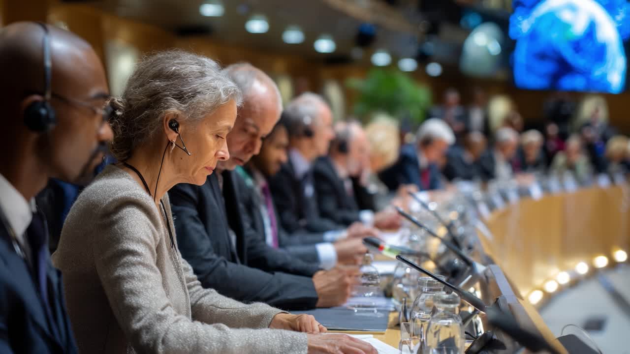 Delegati concentrati impegnati in un dialogo serio durante una conferenza internazionale, evidenziando la collaborazione e le discussioni su politiche globali tra esperti.
