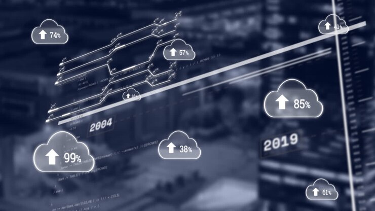Animation of clouds with uploading and data on blurred navy cityscape