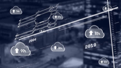 animation of clouds with uploading and data on blurred navy cityscape