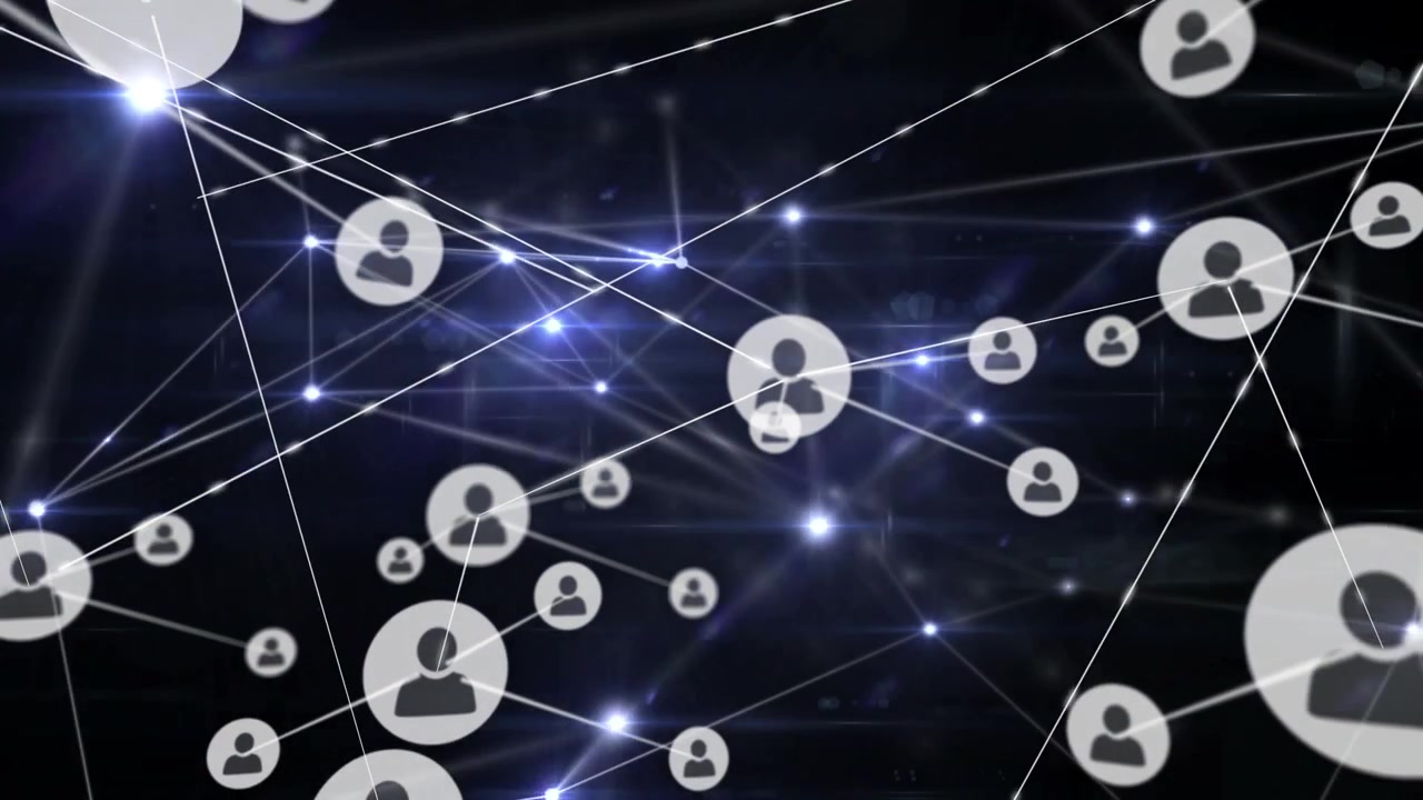Animazione di rete di connessioni con icone su sfondo nero e viola