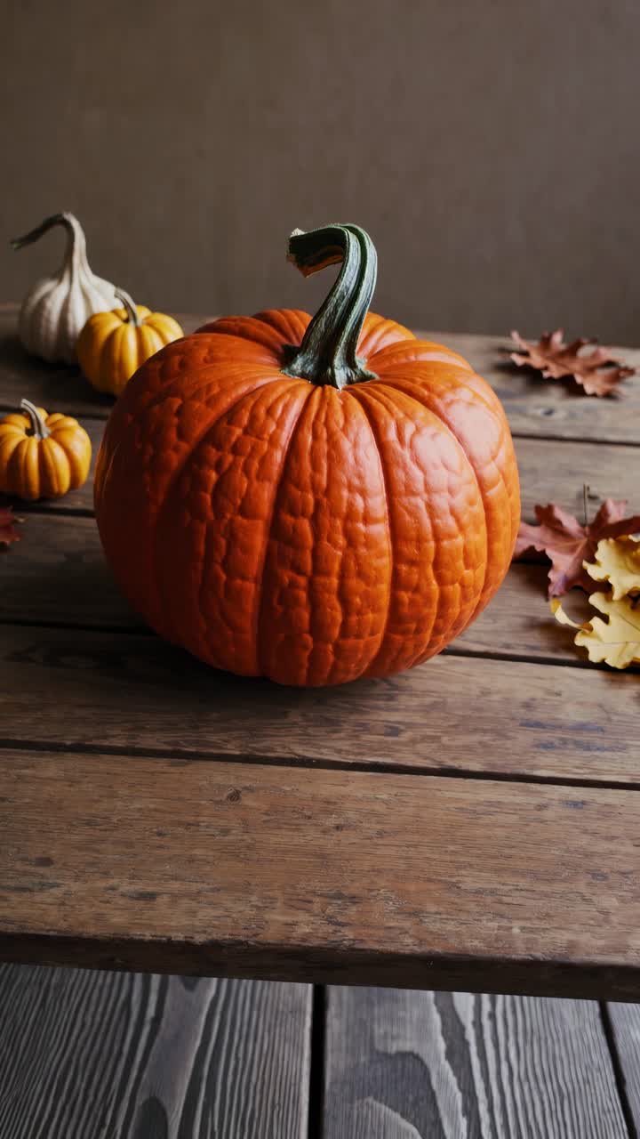 A rustic video still of a pumpkin on a wooden table, captured from a low angle