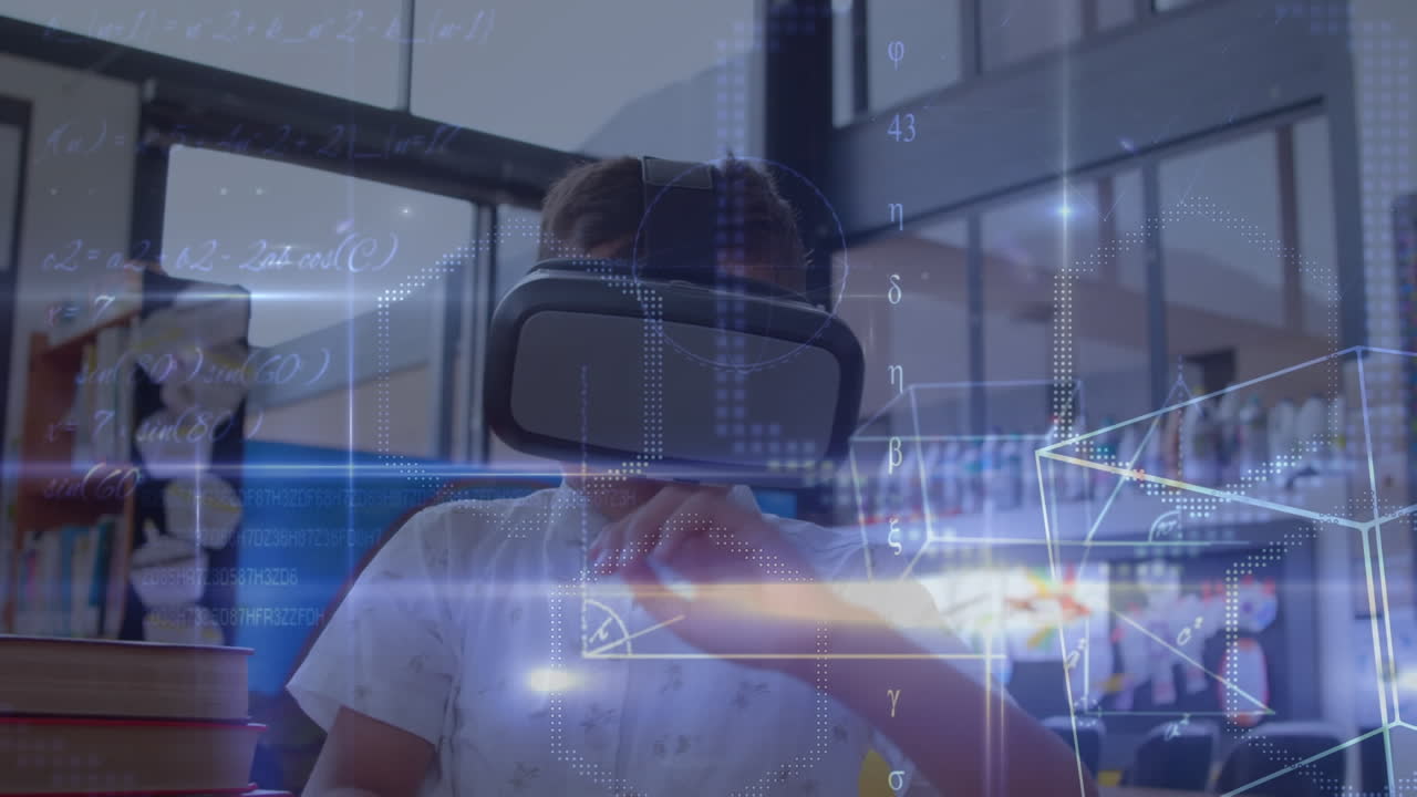 Animation of over equations over schoolboy wearing vr headset