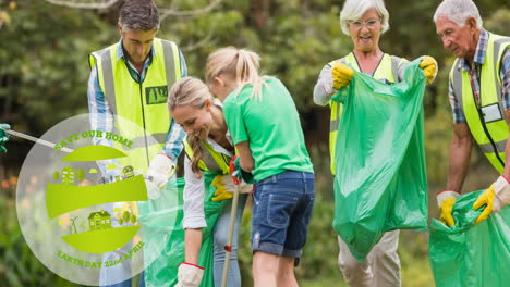 animation of ecology earth day text and logo over people doing cleaning work in forest